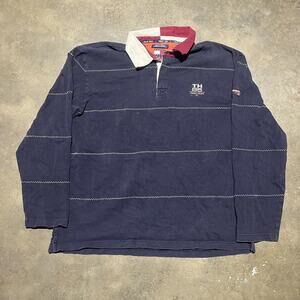 Vintage 90s Tommy Hilfiger Navy Striped Rugby Polo Shirt